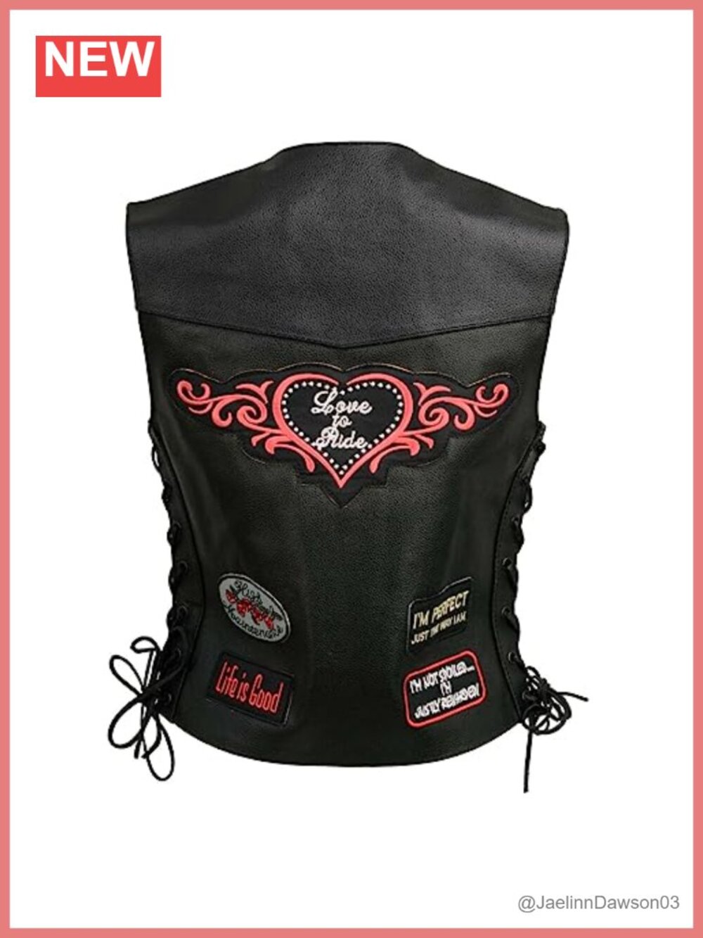 Leather Motorcycle Vest with 9 Pre-Applied Embroidered Patches & Side Laces
